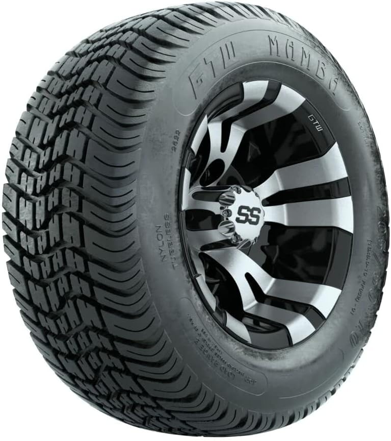 GTW 10 Inch Golf Cart Wheels and Tires Combo | GTW Vampire Machined/Black Wheels on 205/50-10 Mamba Street Tires | Set of 4