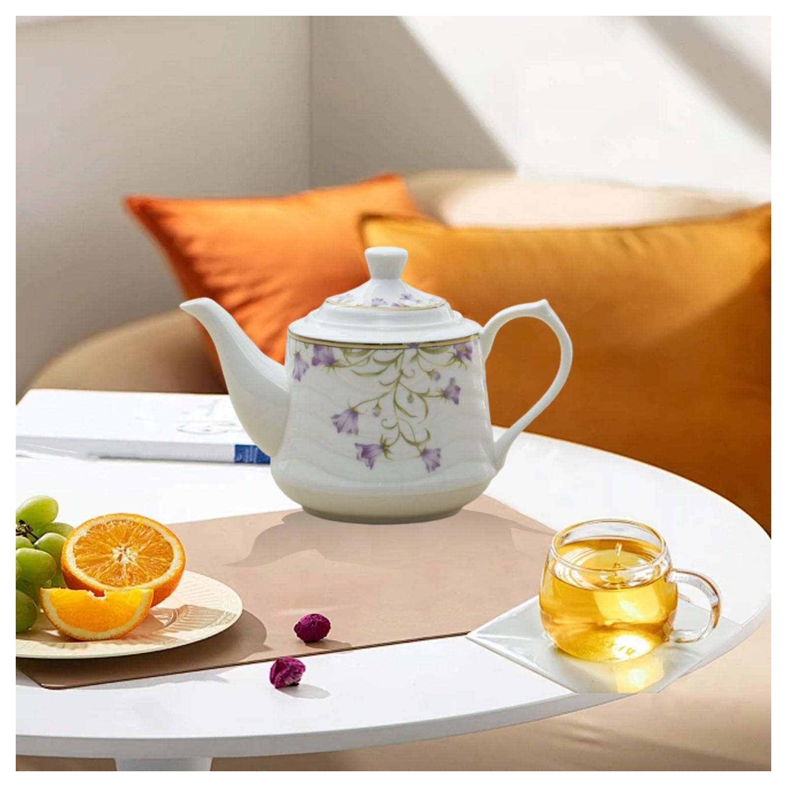 Porcelanowy czajniczek w stylu vintage, odporny na wysokie temperatury, zestaw do herbaty, popołudniowa herbata, dzbanek do kawy, do biura, domu, ze złotym brzegiem, pojemność 1000 ml