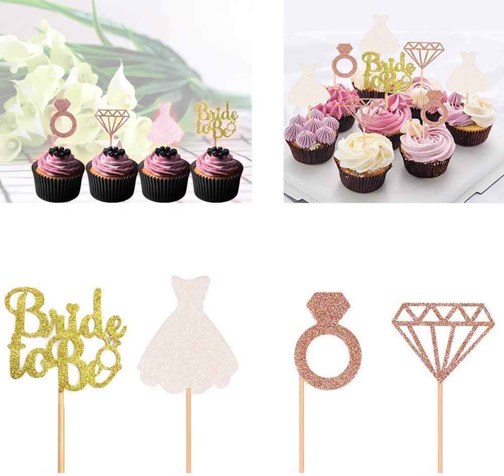 FunMove 24 pieces Bride To Be Cake Cupcake Toppers 3D Diamond Ring Wedding Dress Rose Gold Glitter For Bridal Shower Bachelorette Hen Party Decorations (Rose Gold)