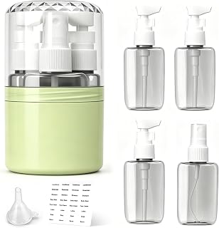 4-in-1 Reiseflaschen Zum Befüllen, 50ml Reise Gadgets Set mit 3 Pumpspender + 1 Sprühflasche, Auslaufsichere Wiederverwendbare mit Trichter & Etiketten für Geschäftsreise Camping Fitness Büro