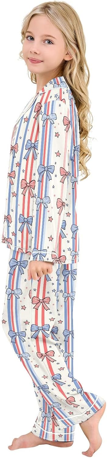 Kids Casual Satin Wear Set Blue Orange Stripe Bows Pattern Unisex Relaxed Fit Clothing