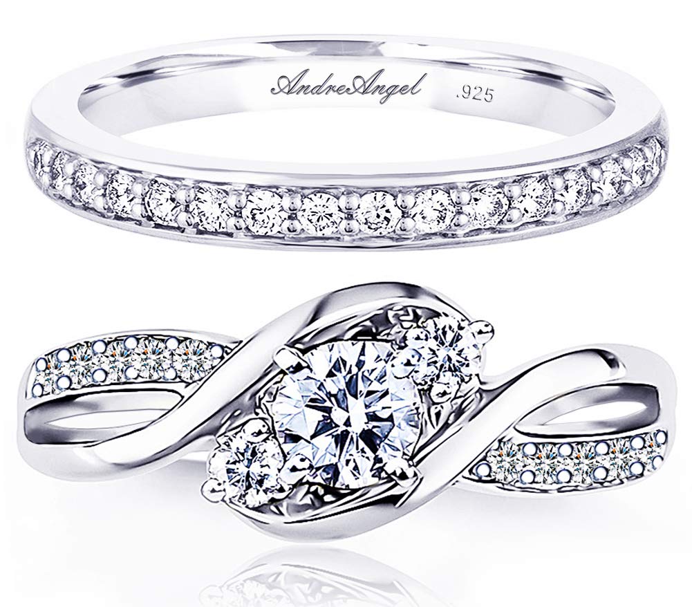Engagement Ring Set Wedding Sterling Silver 925 Rhodium Plated Cubic Zirconia Stones AAAAA+ Alternative to Diamonds 0.75 Carat Anniversary Valentines Marriage Bridal (Design Aurore)