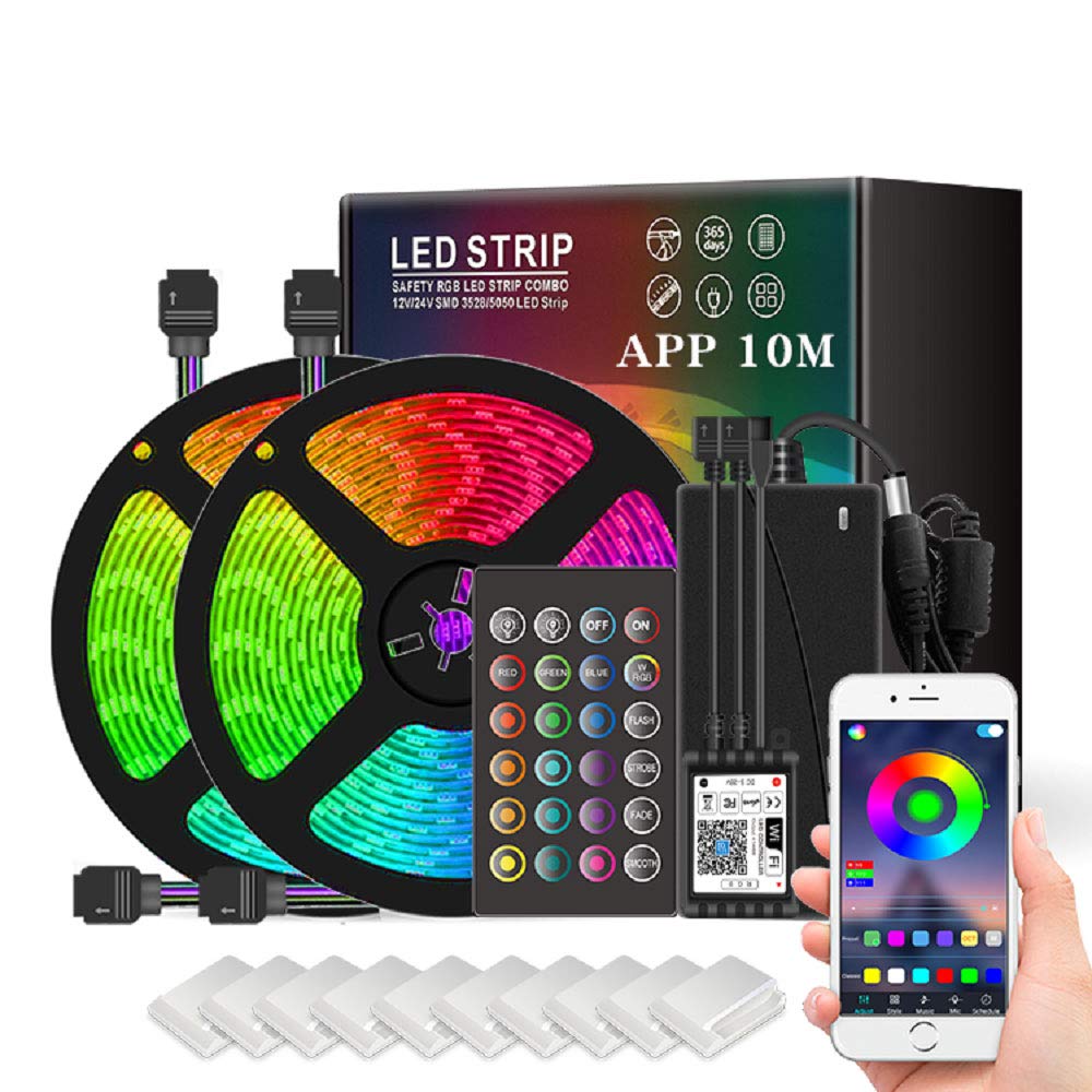 QOZY LED Strip Lights, 10M WIFI Rope LED Light with 24-Key Remote, 5050 RGB Colour Changing with Music Sync App Control, Waterproof Tape Light for Home Kitchen TV Party Bar Decoration