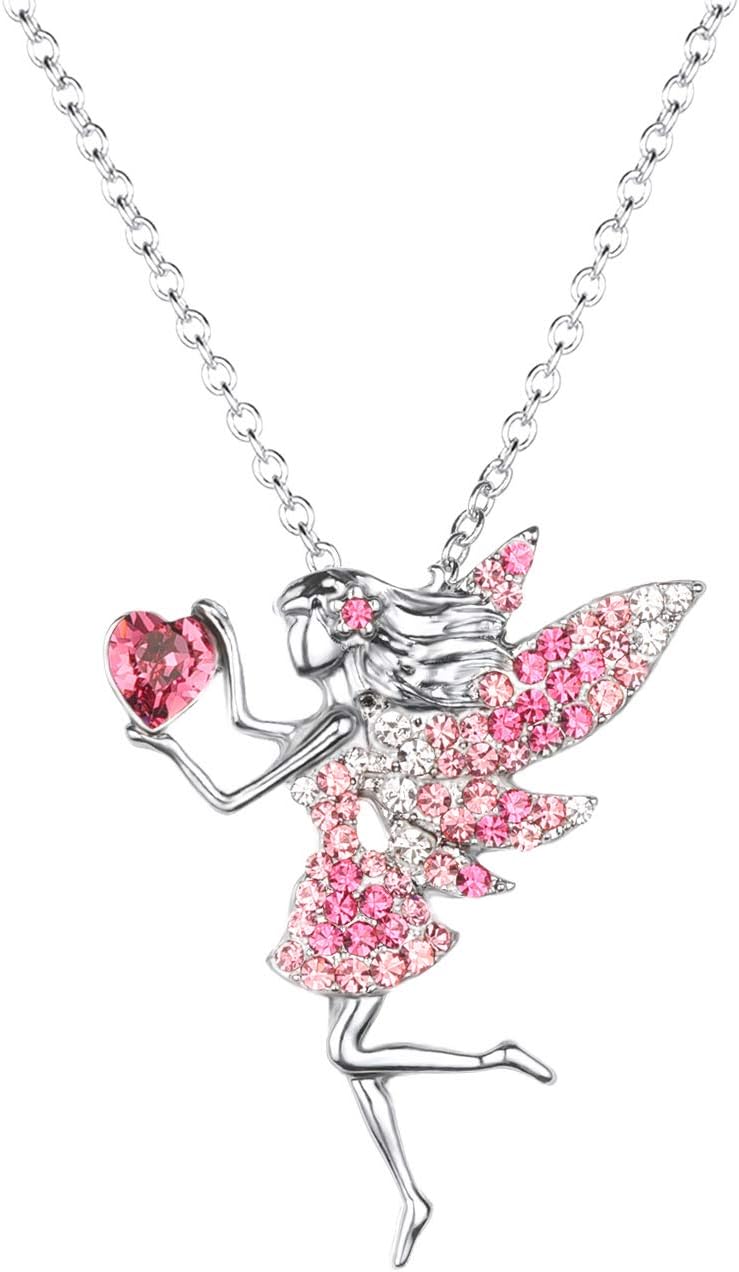 SUMFAN Fairy Necklace for Teen Girls,Birthstone Pendant Gift for Girls White Gold Plated Austrian Crystal Jewelry Gift