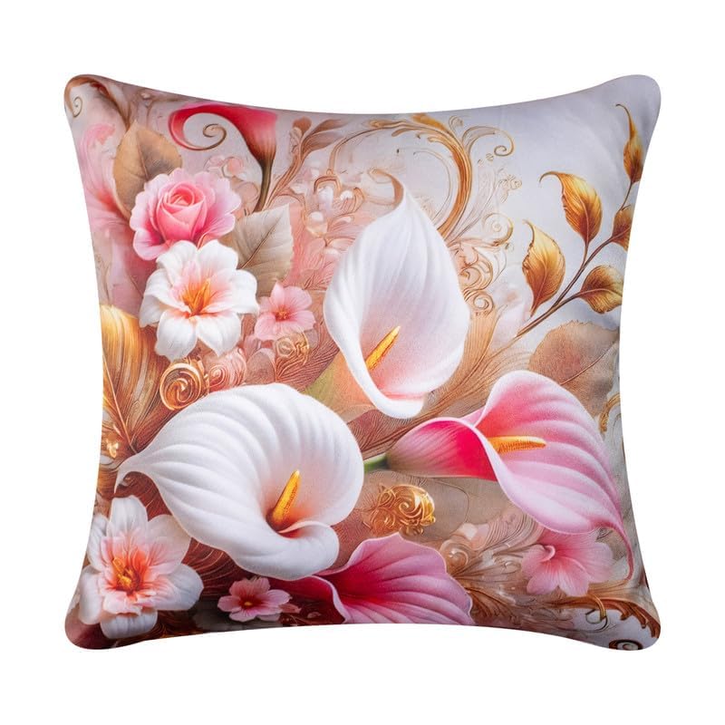 Image of Decorative Satin Sofa Cushion Covers Set of 5, 16 x 16 Inches, Multicolor Floral Printed Pillow Covers for Living Room, Bedroom, Couch & Sofa, Soft Glossy Fabric, Zipper Closure