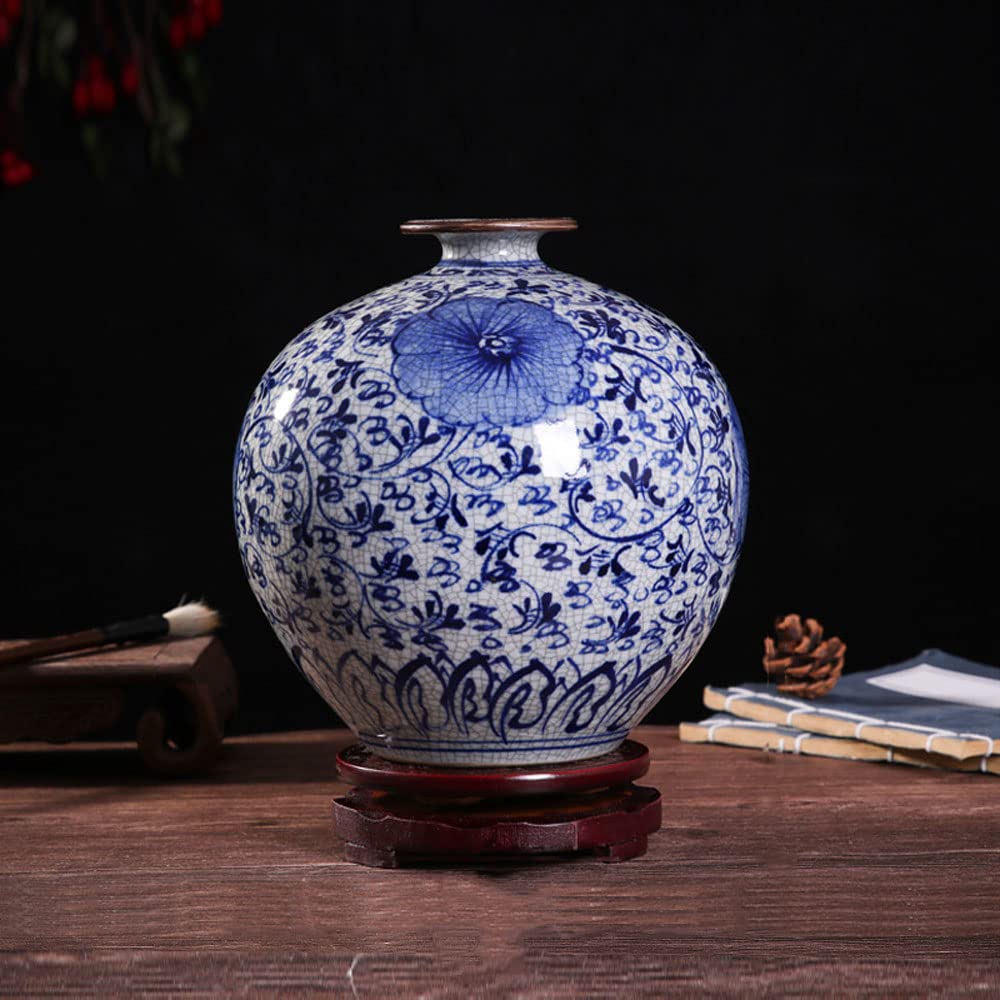 asdchZen Blue & White Porcelain Vases Ceramic Vase Hand-Painted Underglaze Color Antique Crack Glaze Blue And White Porcelain Vase Living Room Chinese Ornaments Rustic Home Decor Ceram,A