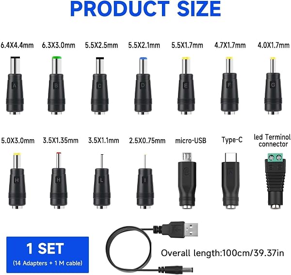 14 en 1 Chargeur Câble USB A vers DC 5.5x2.1 mm Câble Adaptateur DC Rond avec Embout Micro/Type-C Connecteurs pour Ventilateurs Routeurs Lampes Ruban LED Rasoir Box TV PC Diffuseur Universel 1M - 2