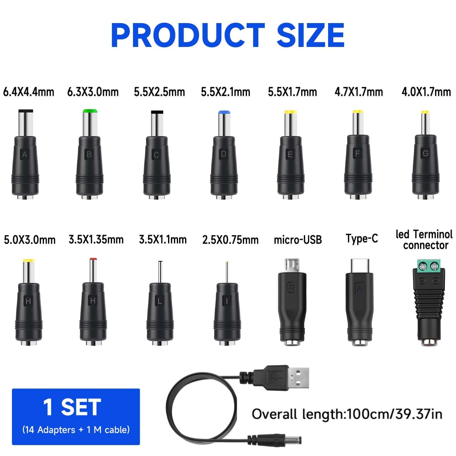 14 en 1 Chargeur Câble USB A vers DC 5.5x2.1 mm Câble Adaptateur DC Rond avec Embout Micro/Type-C Connecteurs pour Ventilateurs Routeurs Lampes Ruban LED Rasoir Box TV PC Diffuseur Universel 1M - 3