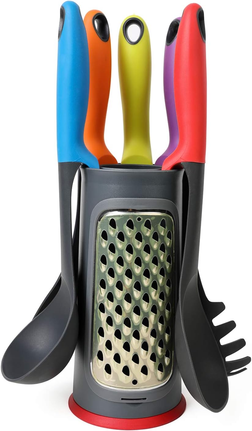 Kitchen Utensils Set Heat Resistant Nylon Silicone Cooking Utensils Nonstick Slotted Turner Spoon Skimmer Ladle Spaghetti Server with Multifunction Storage Holder