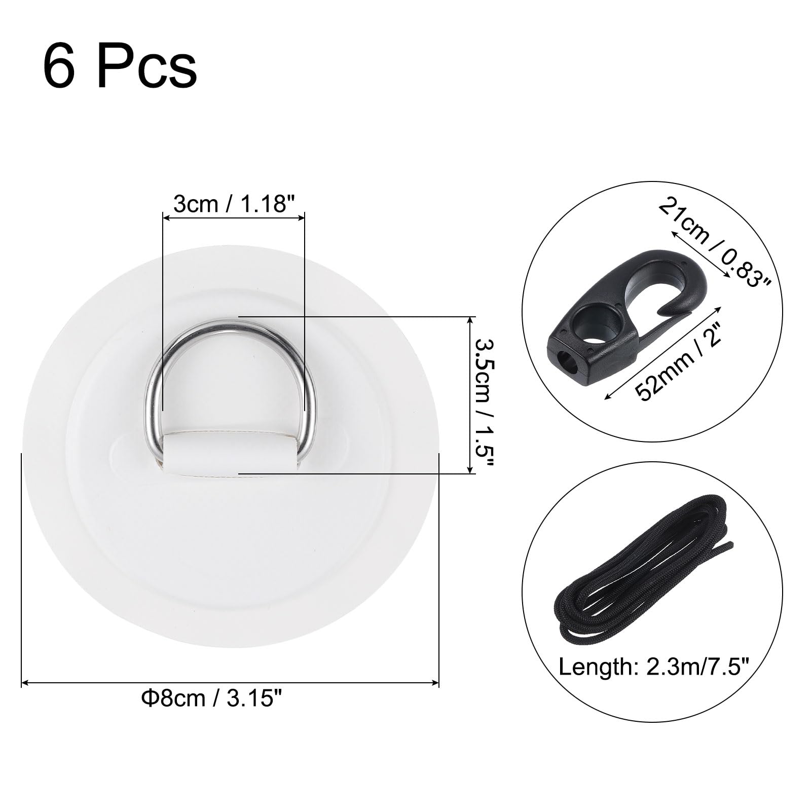 PATIKIL D-Ring Patch, 6 Pcs Stainless Steel D-Ring PVC Patch Pad No Glue Include with Elastic Cords and Hooks for Inflatable Boat Paddle Board Canoe Surfboard, White