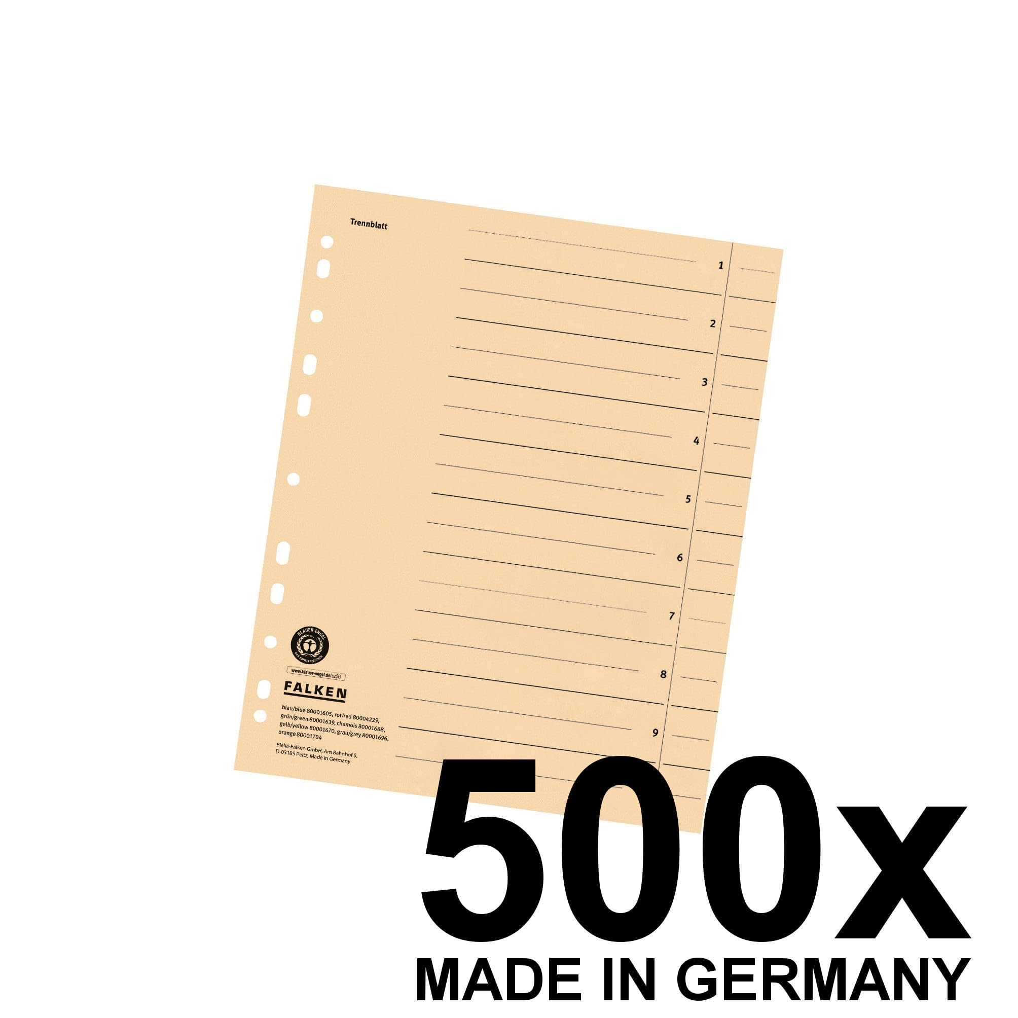 Falken - Confezione da 500 divisori originali Made in Germany. In cartone riciclato per DIN A4 camoscio, divisori, raccoglitori, calendario, angelo blu