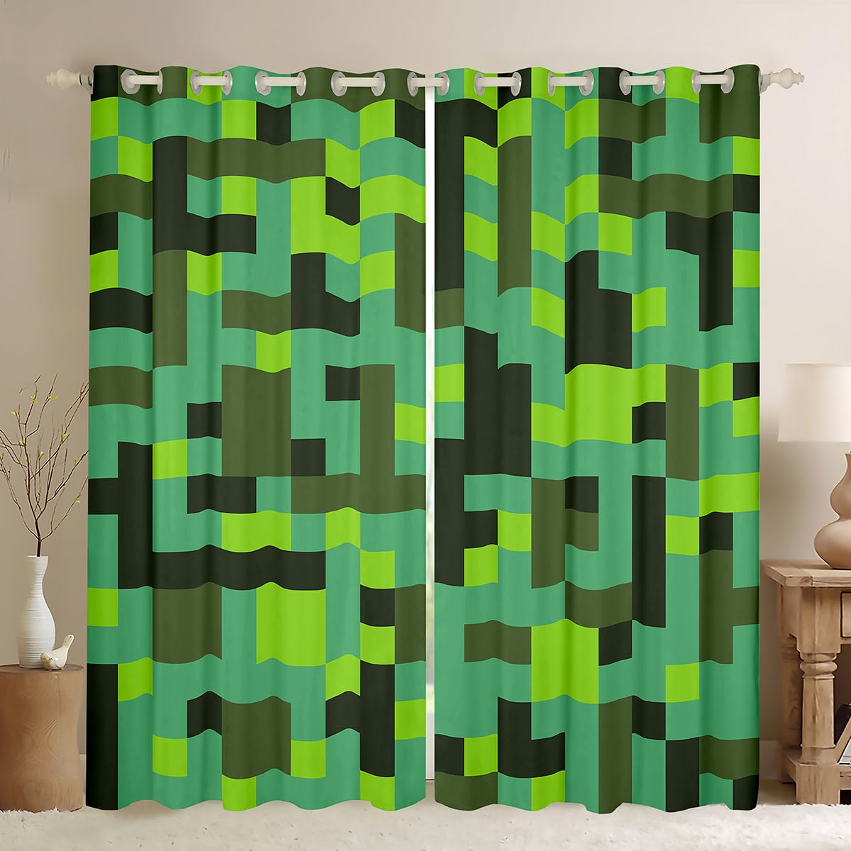 Manfei Pixel Grid Miners Blackout Curtains,Geometric Grid Patchwork Pixelated Window Drapes,Cartoon Gamepad Video Games Nursery Bedroom Playroom Decor,Cyan Green 2 Panels,46Wx54L inch - Image 2