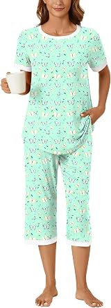 Bestbee Womens Pajama Set, 2 Piece Lounge Outfit Sleepwear Set Crew Neck T-Shirt Capri Pant With Pockets Ladies Pjs