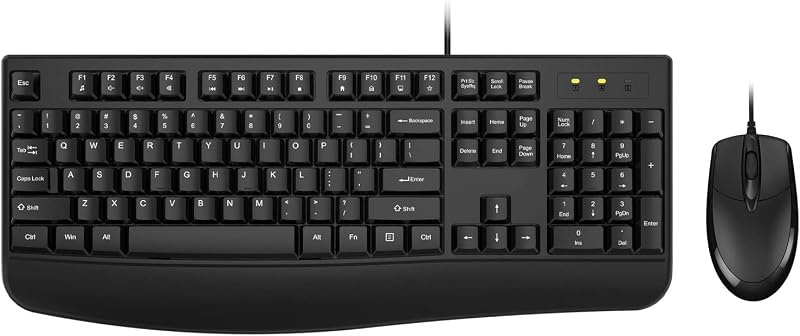 Combo de teclado y mouse con cable, ergonómico con reposamanos, tamaño completo | Diseño de 104 teclas, USB Plug-and-Play, 12 atajos multimedia, ratón óptico con cable para computadora, para Windows, Mac OS, escritorio/portátil/PC