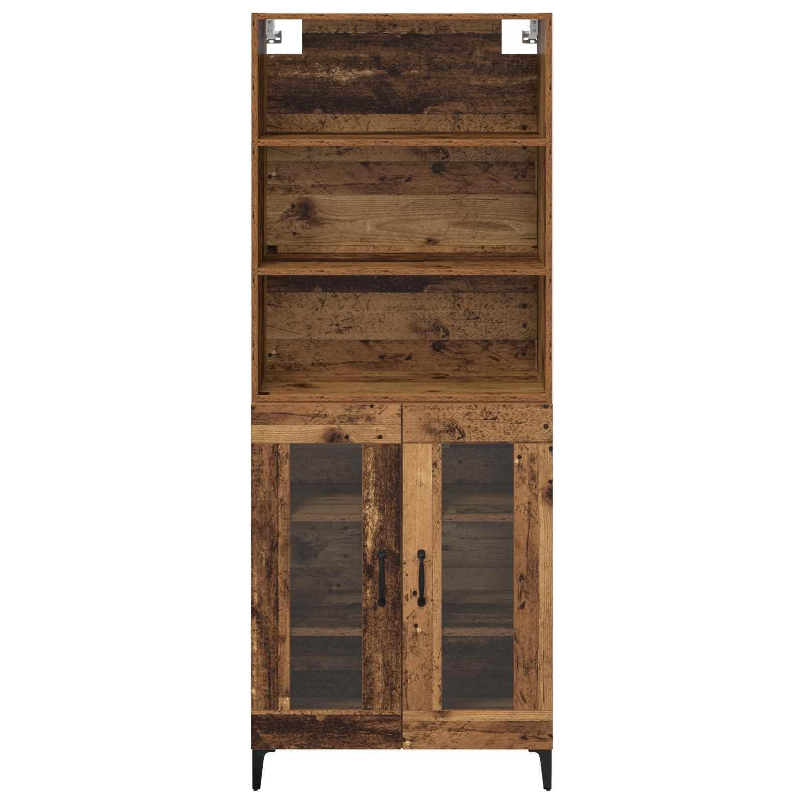 Aparador alto de madera envejecida, 69,5 x 34 x 180 cm, material de madera, con 2 puertas, estantes ajustables, patas de hierro robustas, espacio de almacenamiento versátil para comedor, salón