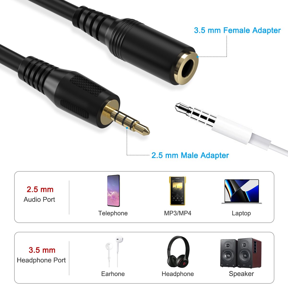SCOVEE 2.5mm Male to 3.5mm(1/8 inch) Female Stereo Audio Jack Adapter Cable for Headphone,Headphone Extension Cords