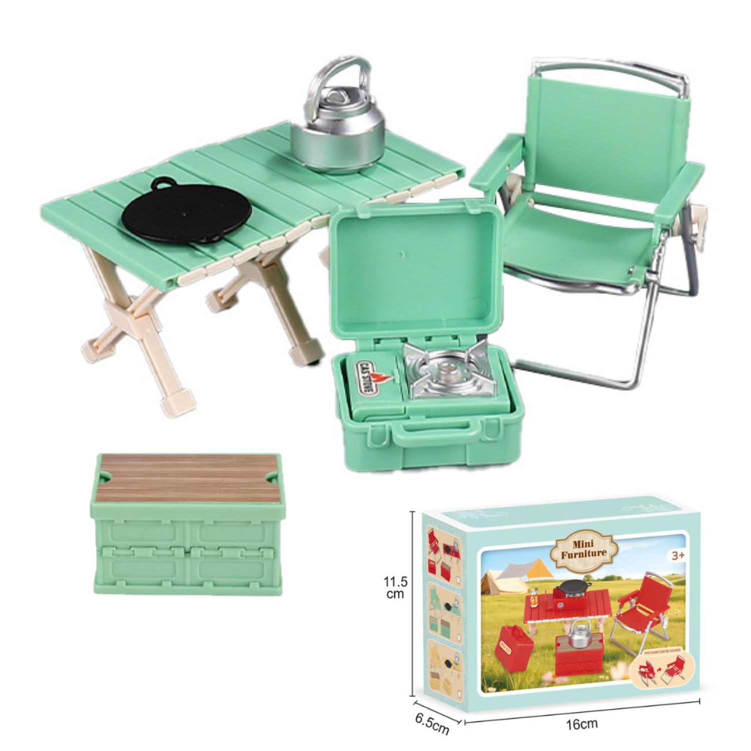 Set di 8 mini mobili da campeggio, in miniatura, set di mini tavoli da campeggio, sedie pieghevoli, fornello a gas, padella, contenitore per picnic, esterni, piccolo set da giardino