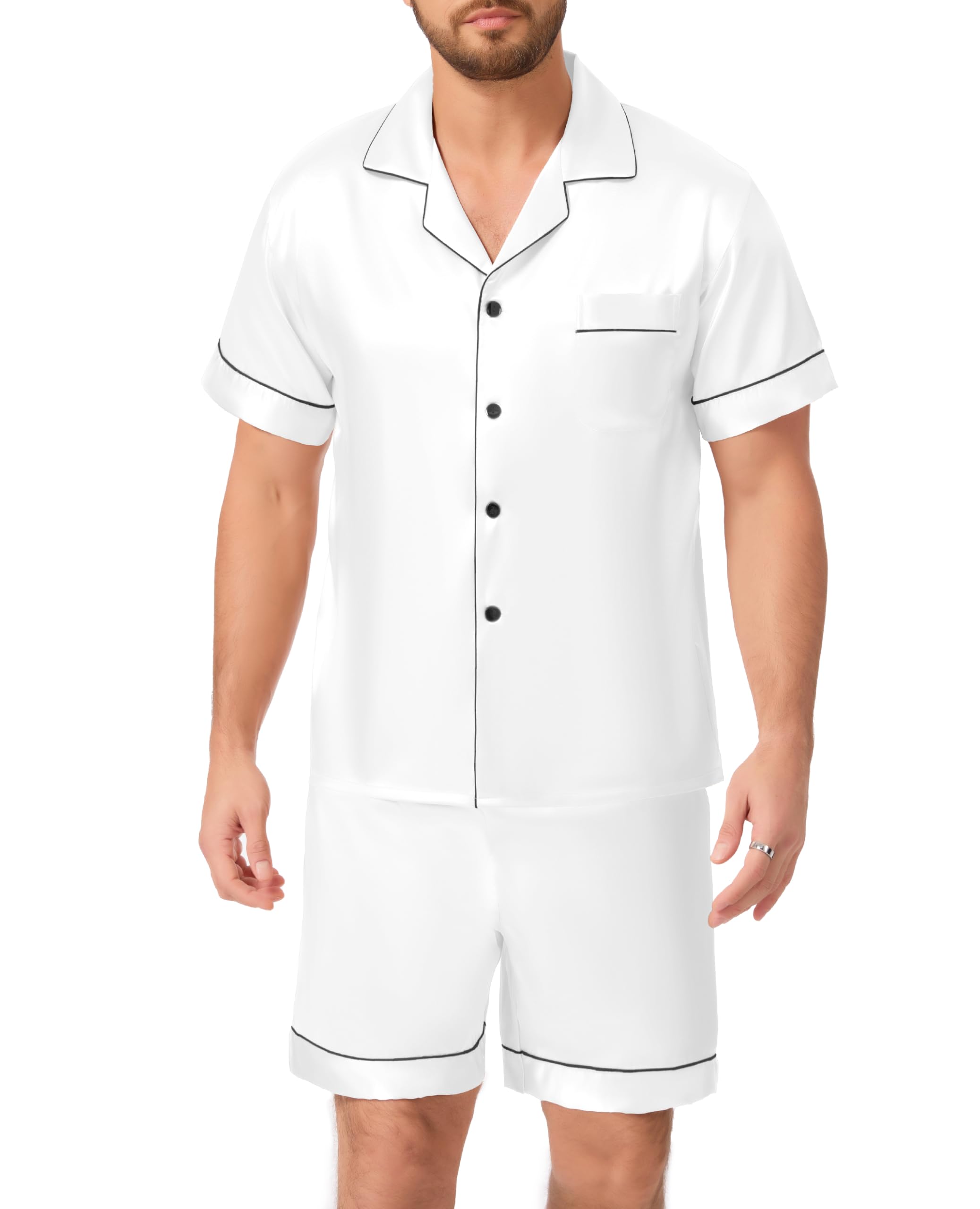 Lovasy Satin Schlafanzug Herren Kurz Kurzarm Pyjamas Set mit Knöpfen Sommer Pjs Sets Zweiteiliger Nachtwäsche