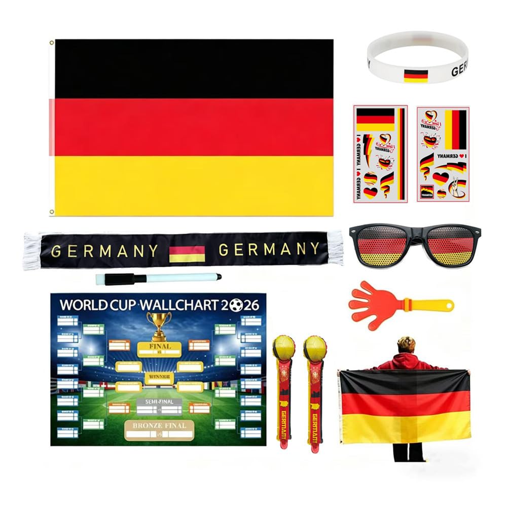 World Cup 2026 Fan Pack, 11 Piece Football Fan Equipment Set with Flag, Sunglasses, Clappers, Cheering Sticks and Match Schedule Card, World Cup Party Accessories for Public Viewing Party (Germany)