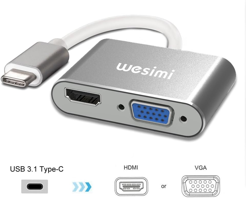 wesimi USB C to HDMI VGA Adapter ，USB 3.1 Type C (USB C) To VGA HDMI UHD Converter Adapter With Aluminium Case For Macbook/Chromebook Pixel, Plug And Play