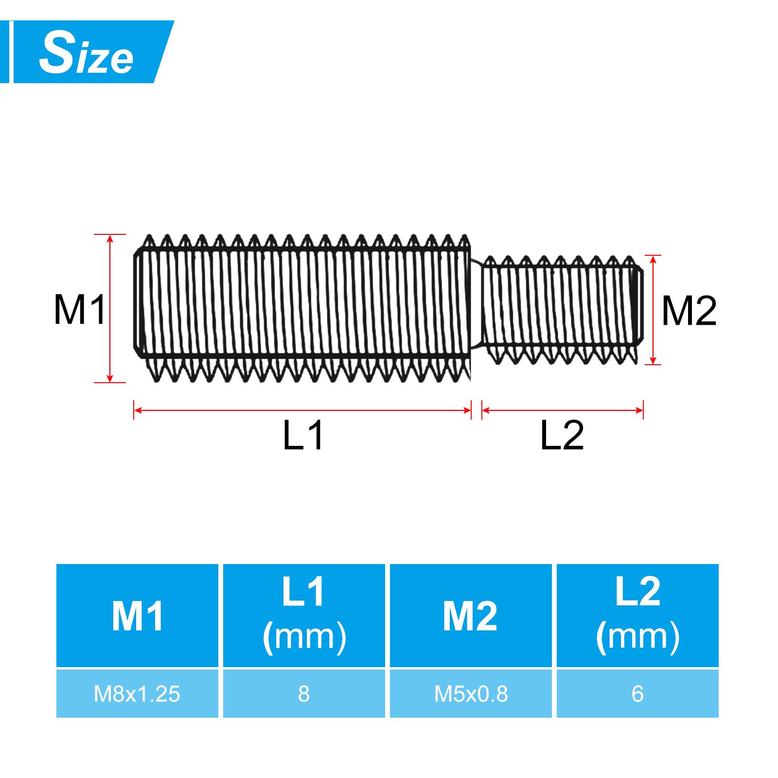 PATIKIL M5x6mm to M8x8mm Double End Threaded Stud Screw Bolt - Image 2
