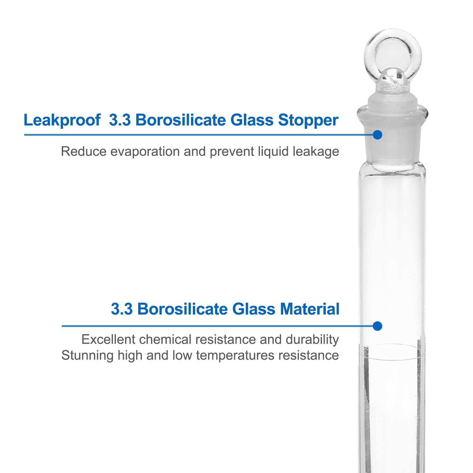PATIKIL Fiole Jaugée en Verre Borosilicaté 3.3 Graduée de 250 ml, 500 ml et 1000 ml avec Bouchon en Verre, Tolérance de 0.23 ml pour les Expériences en Laboratoire, Transparente