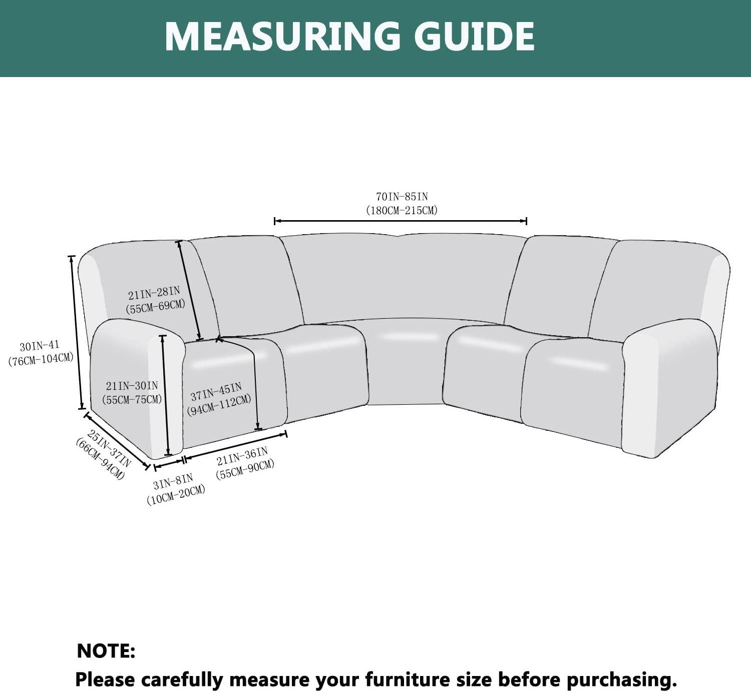 Sofa Cover,5 Seater Recliner Slipcover, 7 Pieces Jacquard Stretch Reclining Sectional Couch Cover for 5 Cushion Sofa Slipcovers Non Slip Furniture Protector,Grey