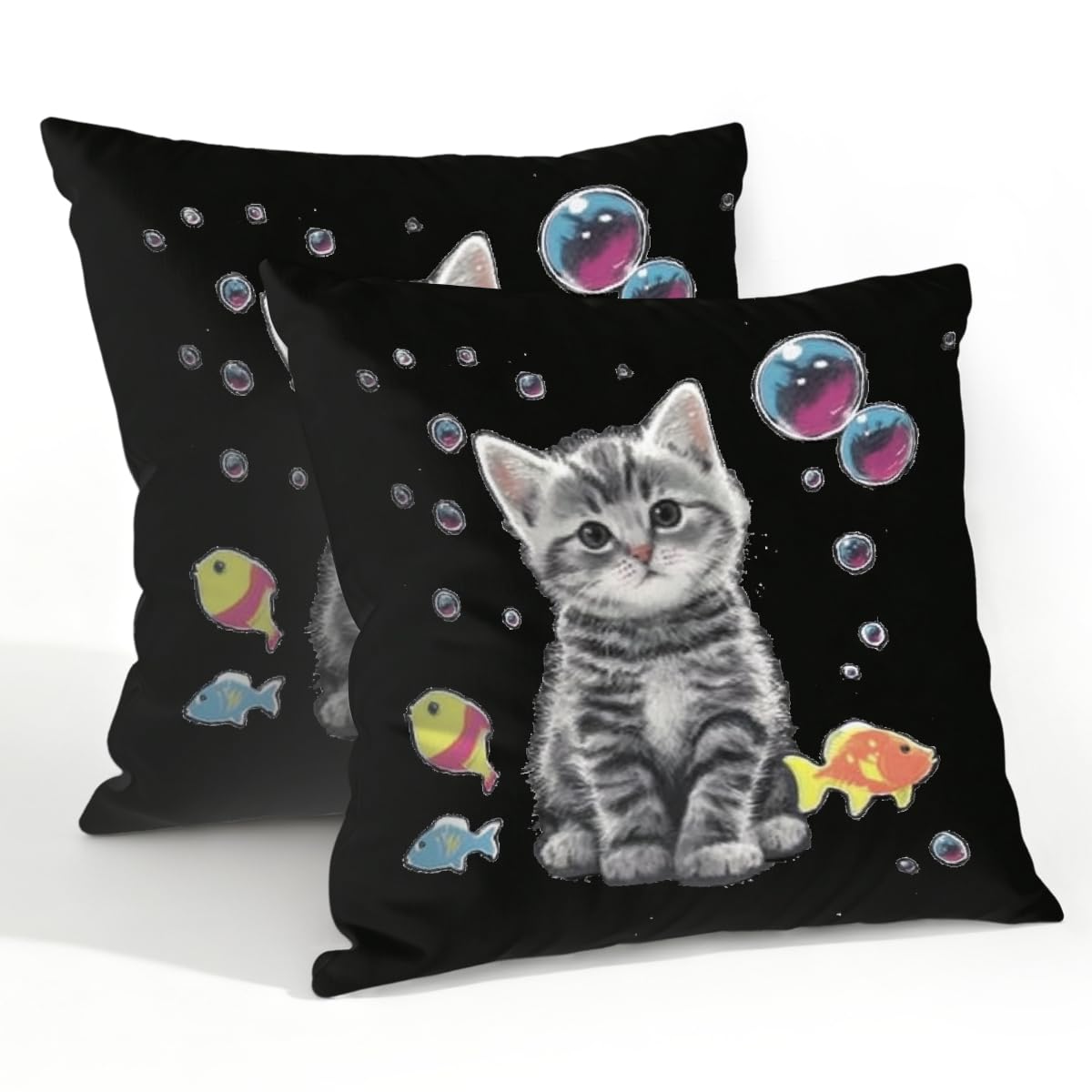 Outdoor Pillow Covers Waterproof Pillowcases 22x22in Set of 2 Cute Tabby Kitten Cat Fish On Black Decorative Throw Cushion Case for Couch Sofa Garden Patio Furniture