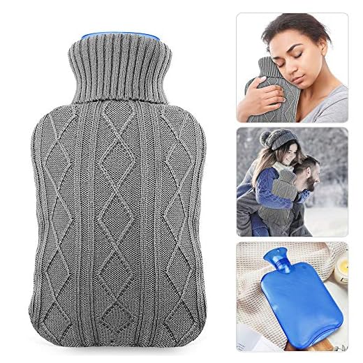 Hot Water Bottle with Knit Cover, UBEGOOD Transparent Hot Water Bag, Good for Pain Relief (2 Liters, Blue/Gray)