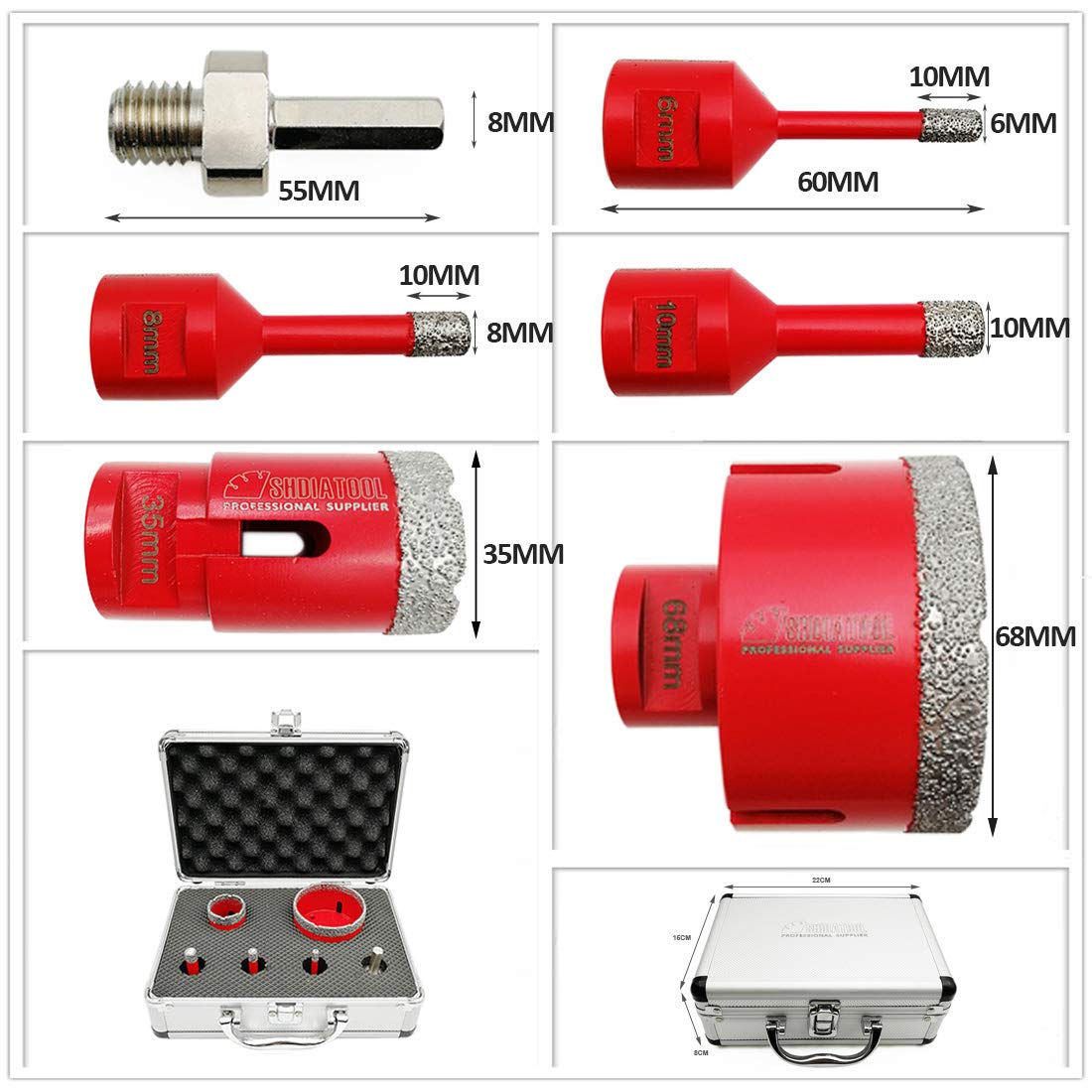 SHDIATOOL 6 Piezas/Juego de Brocas de Diamante con Aluminio Cortador 6/8/10/35/68mm y Adaptador para Perforación en Seco Porcelana Azulejo Granito Mármol