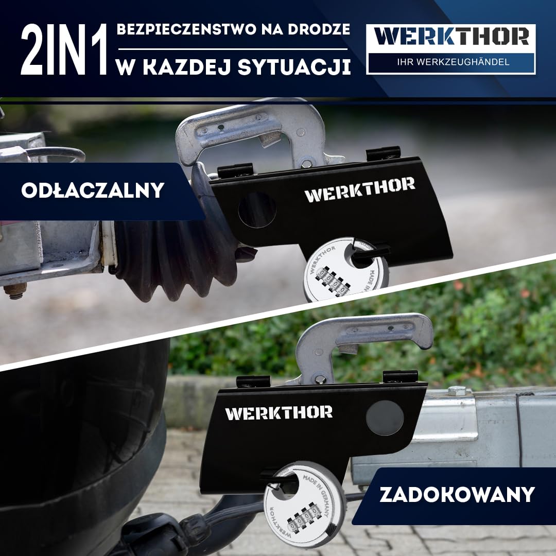 WERKTHOR Blokada przyczepy - przetestowana BARDZO DOBRA Blokada przyczepy - ochrona przed kradzieżą przyczep doczepionych i odczepionych - blokada ze stali nierdzewnej - zamek szyfrowy
