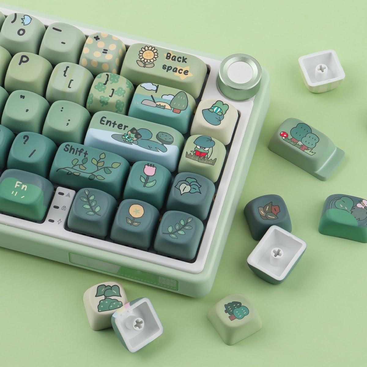Hyekit Cute Frog Adventure Keycaps, Green Gradient Colorway, MOA Profile, 134-Key Dye-Sublimation PBT Keycap Set for Mechanical Keyboards, Compatible with Cherry MX Switches