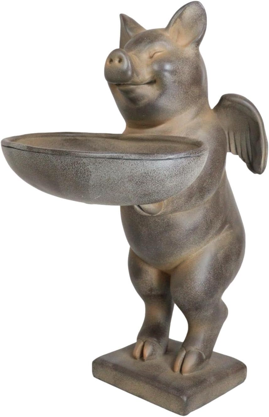 Ebros Gift 12" Tall Rustic Cottage Country Whimsical Angel Wings Pig Holding Trough Bird Feeder Or Bath Resin Sculpture for Lawn Pool Patio Outdoors Farmhouse Decor