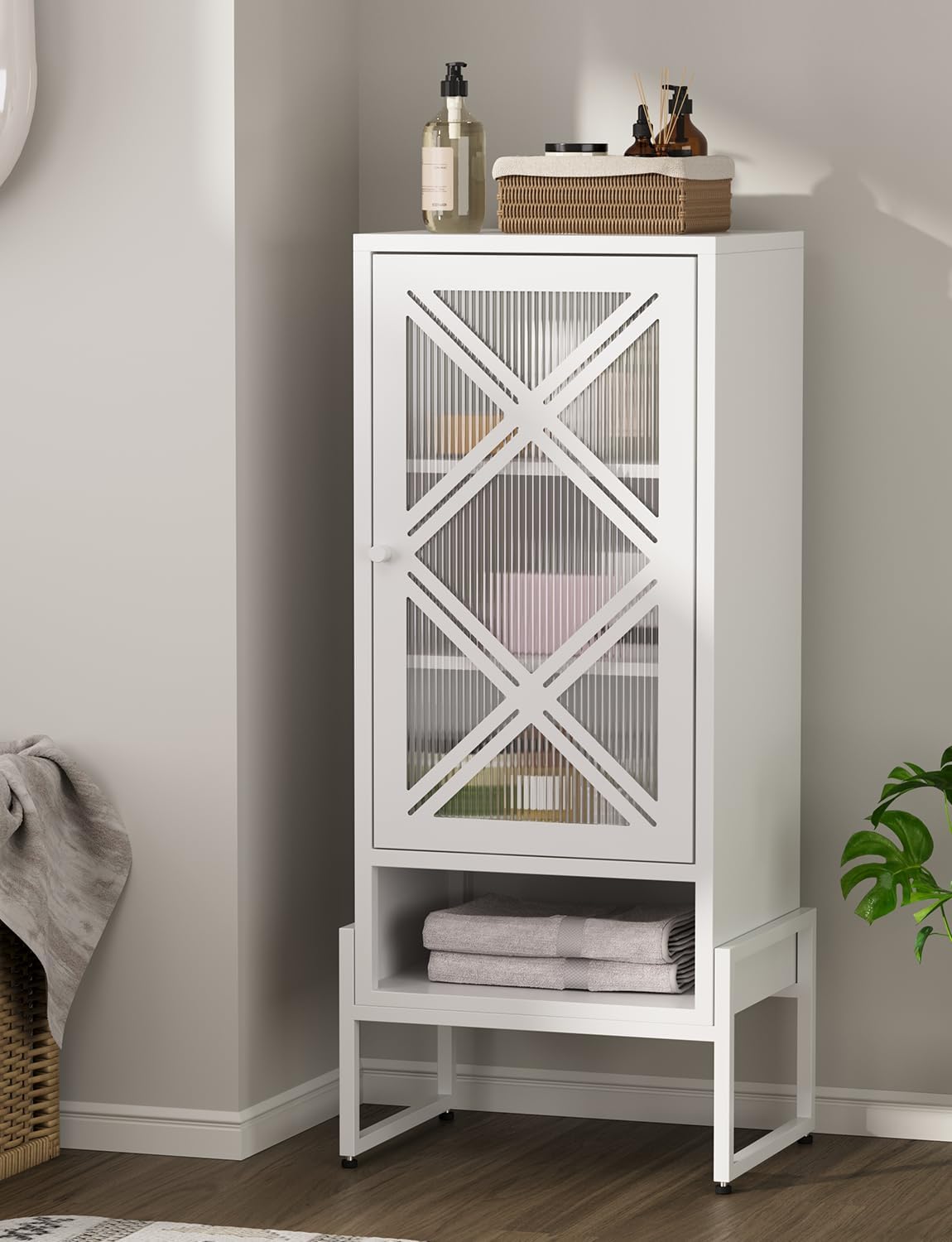 Metal Storage Cabinet with Adjustable Shelves, 42.51"H Freestanding Organizer for Pantry, Kitchen, Bathroom & Laundry Room, Strong & Rust-Resistant, Easy Assembly (White+Transparent Door Panel)