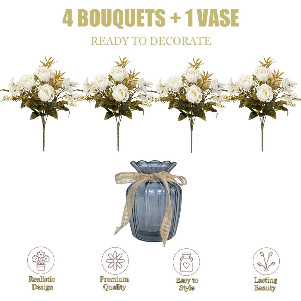 LESING Bouquet di rose finte con vaso di vetro, bianco