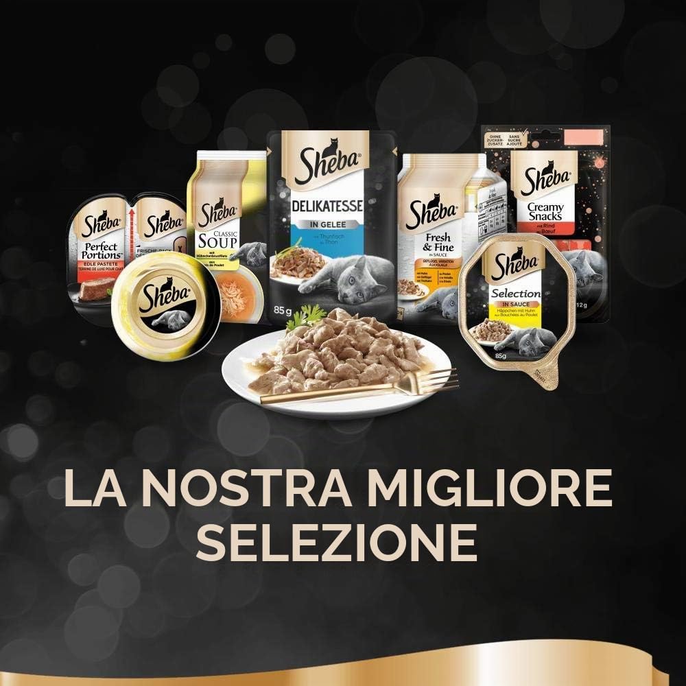 Sheba, Cibo Umido per Gatti, Confezione Multipla, 4 pacchi da 12 porzioni (di 85 g), varietà selezionata, con Salsa [Etichetta in Lingua Italiana Non Garantita]