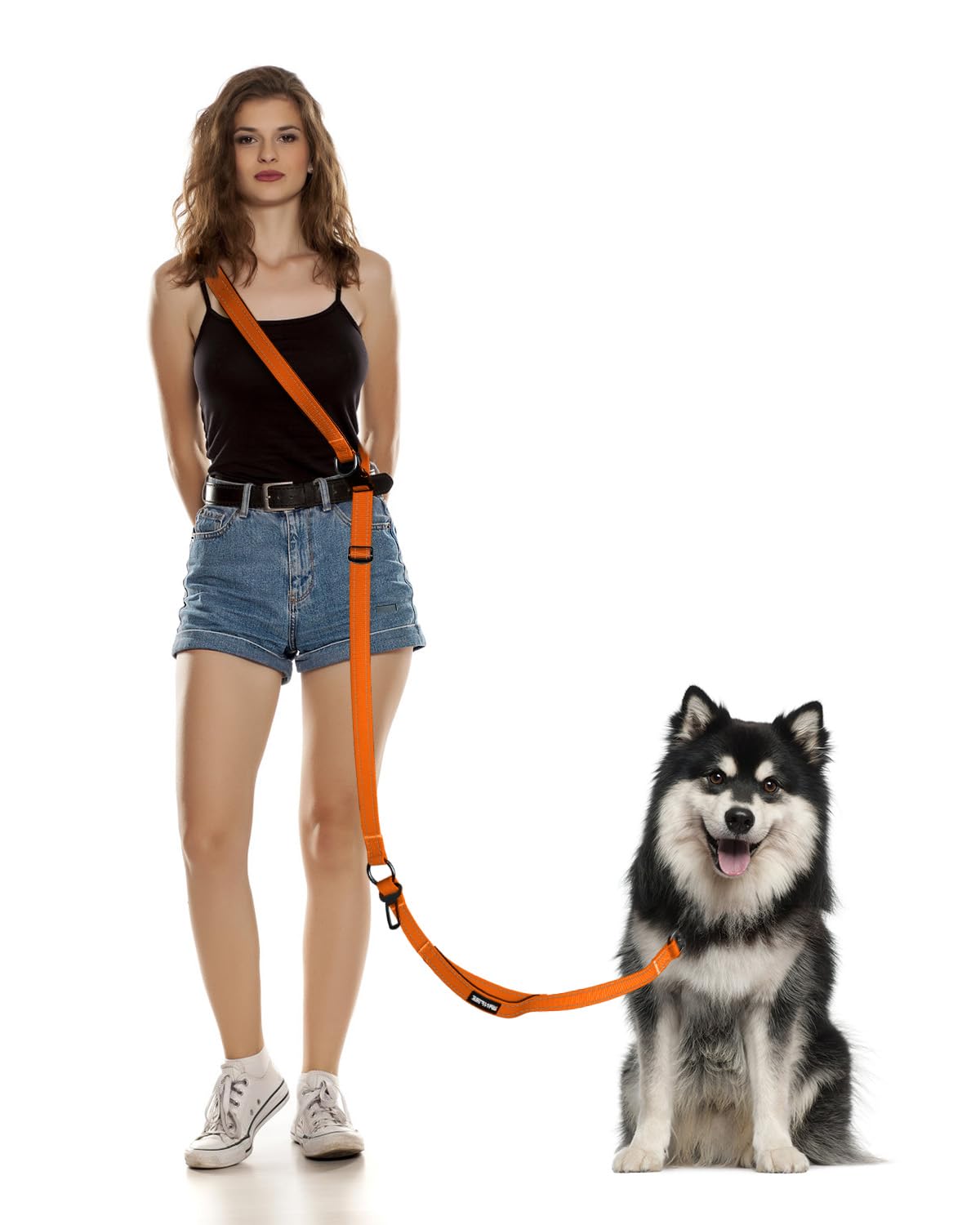 Harnais de Marche Main Libre pour Chien - Laisse Multifonctionnelle Renforcée 2.9m Réglable, Boucle de Sécurité Voiture (Orange)
