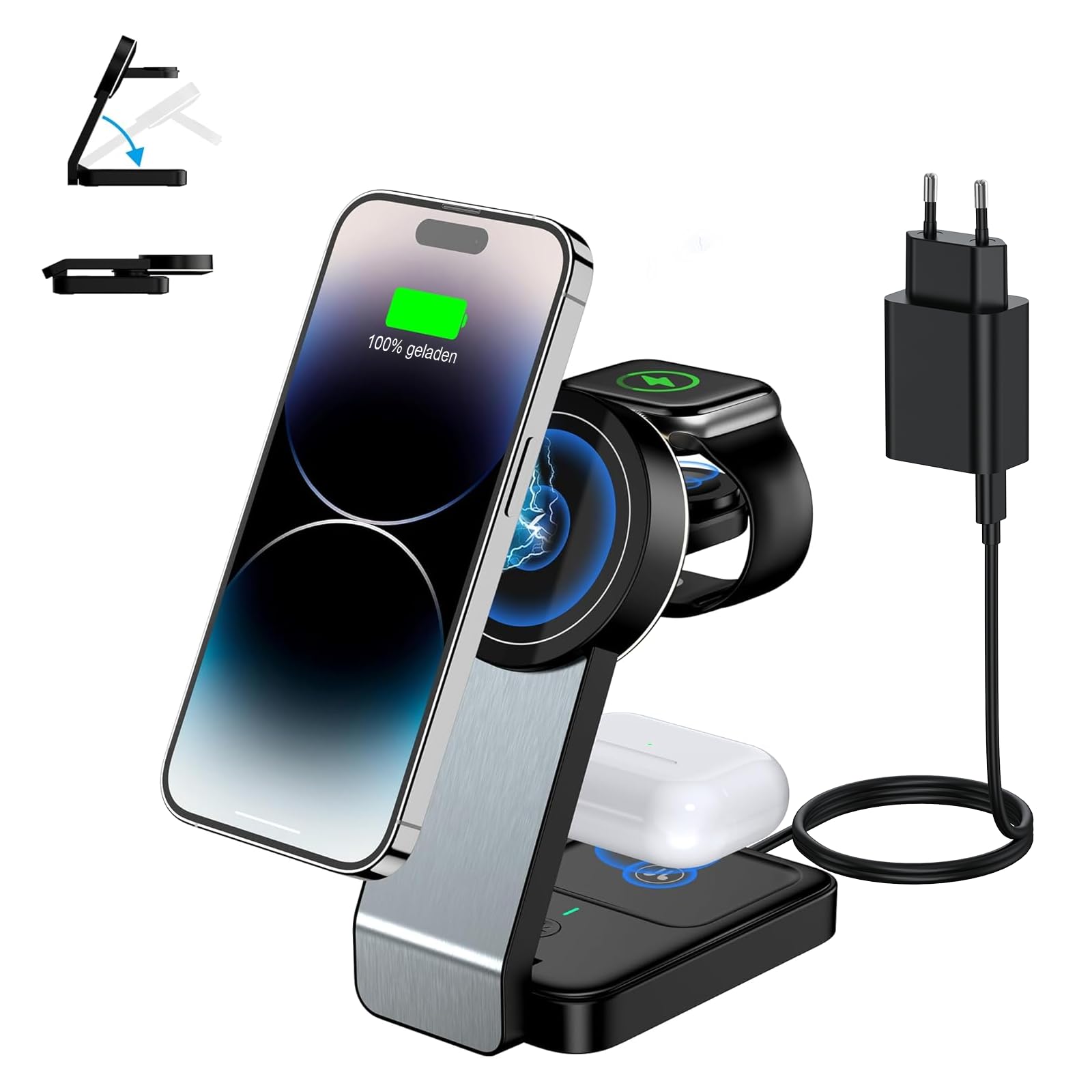 3-in-1 Foldable Magsafe Charger, Inductive Wireless Charging Station for iPhone 16/15/14/13/12/Plus/Pro Max/Mini, Wireless Charger for Apple Watch 9/8/7/6/SE/5/4/3/2, AirPods Pro/2/3 (with Adapter)