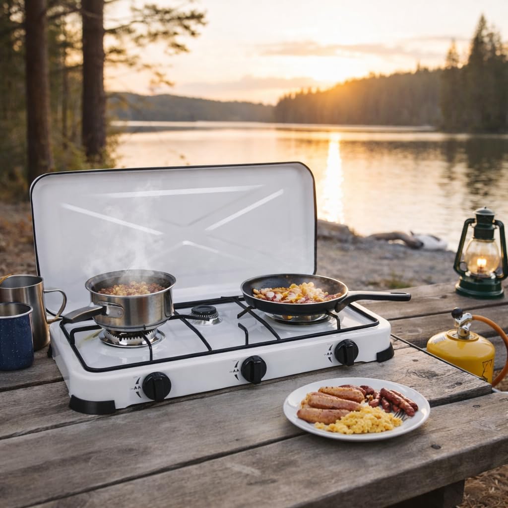 Cocina de Gas Portátil – Quemador de Alta Potencia para Camping, Jardín o Exterior | Fácil de Limpiar | Ideal para Acampadas, Picnic y Autocaravana (3 fuegos)
