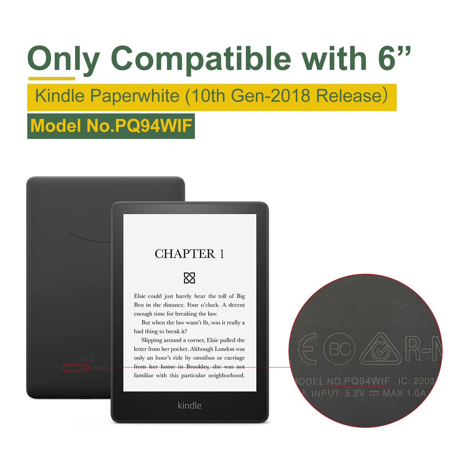 Funda para Kindle Paperwhite de 6 pulgadas (10ª generación-versión 2018, modelo n.º PQ94WIF), funda de piel sintética y parte trasera dura transparente, con apagado y encendido automático,