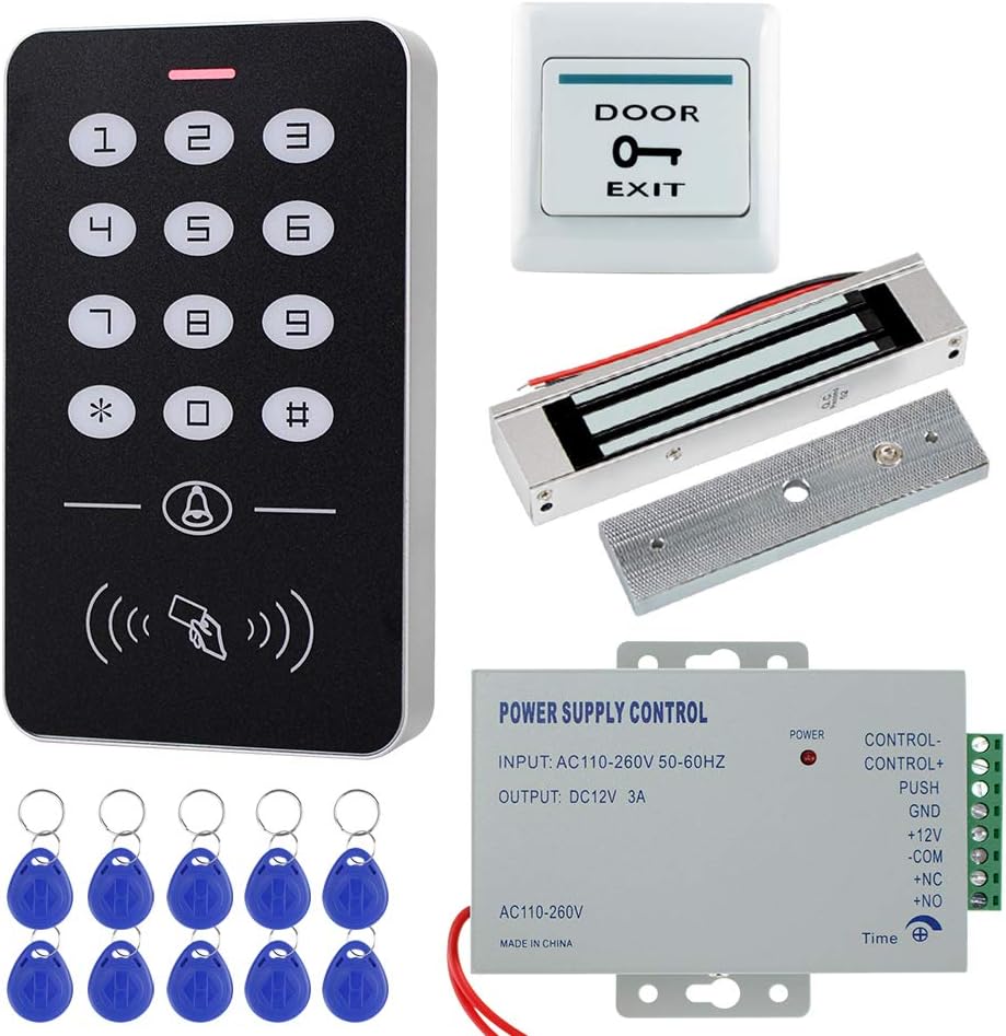 HFeng Cheap Access Control System Kit Set RFID Access Control Keypad Controller + 180KG/350lbs Electric Magnetic Lock + Power Supply + 10pcs RFID Keychains Cards for Door Entry System