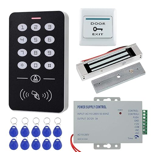 HFeng Full Access Control System Kit with Electric Strike Magnetic Lock + RFID Keypad + Power Supply + 10pcs RFID Keyfobs Tags (with 180KG Lock) - With 180kg Lock