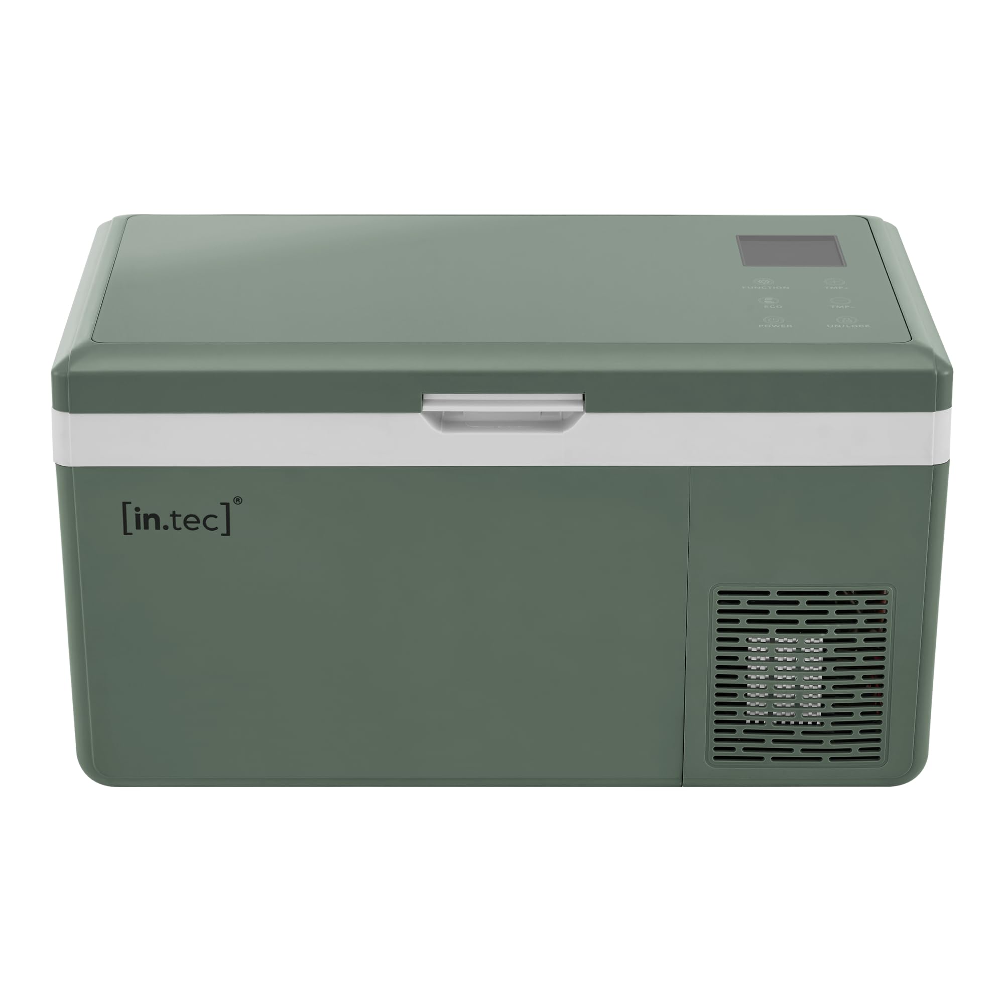 in.tec Nevera Portátil Eléctrica Arnesano Nevera Pequeña de Viaje Pantalla Digital LED con Compartimentos para Coche Barco Hogar Camping Camión hasta -20°C Plástico 15 L - Verde Militar