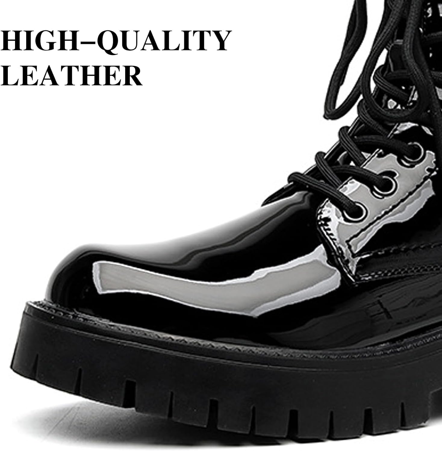 Men'S Black Patent Leather Platform Combat Boots Fashion Wide Toe Lace Up Side Zipper Sole Non-Slip High Top Motorcycle Boots Comfort Outdoor Casual Waterproof Chunky Heel Ankle Booties - Image 4
