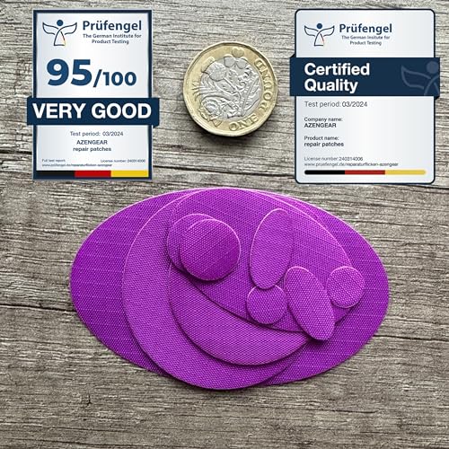 aZengear Down Jacket Repair Patches | Pre-Cut, Self-Adhesive, Soft, Waterproof, Tear-Resistant Rip-Stop Nylon Fabric to Fix Holes in Clothing, Sleeping Bags, Ski Pants (11 Pcs, Dark Purple)