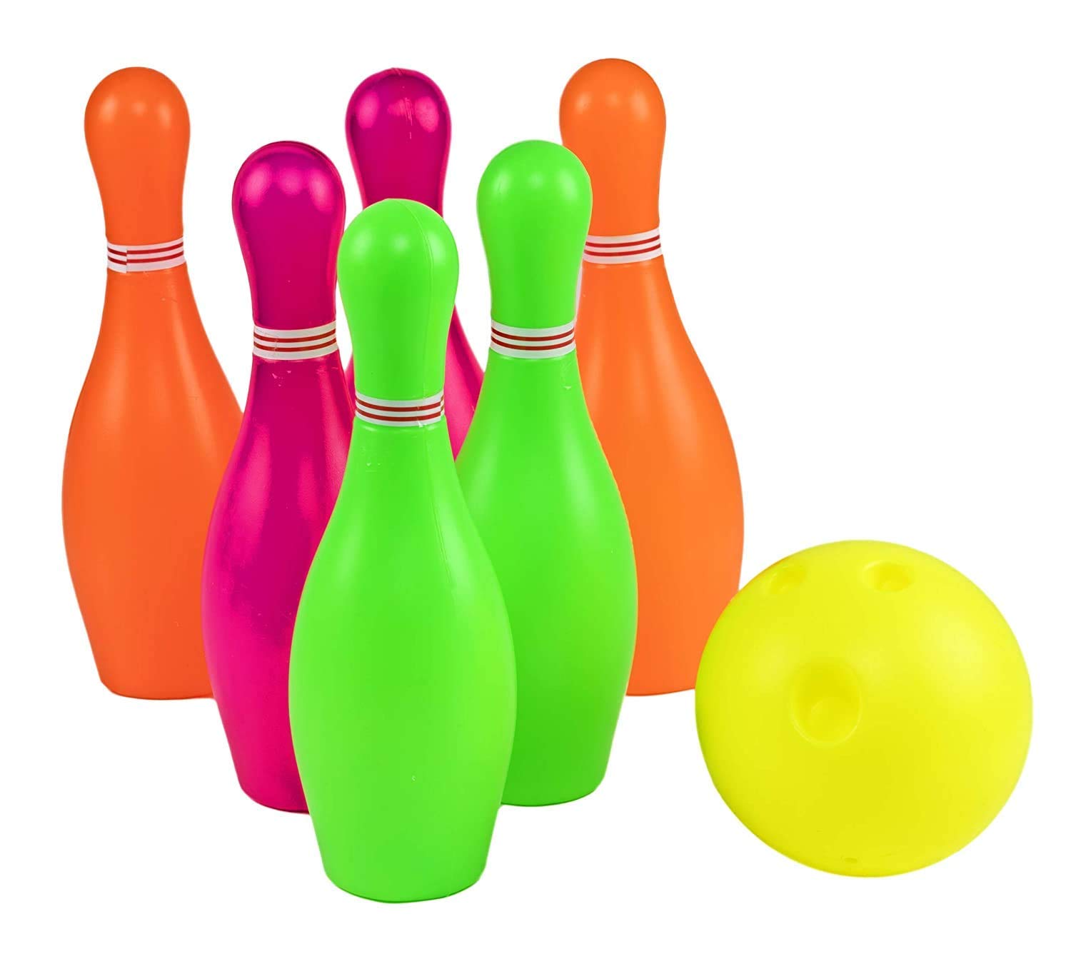 SHRI RADHEE Creations Plastic Light Weight Bowling PIN/Bottles Combo Set for Kids Playing Outdoor and Indoor Sports Game Toy (Small, MULTICOLOURS, 6 PINS/Bottles, 1 Balls, PVC Polly Pack) 1