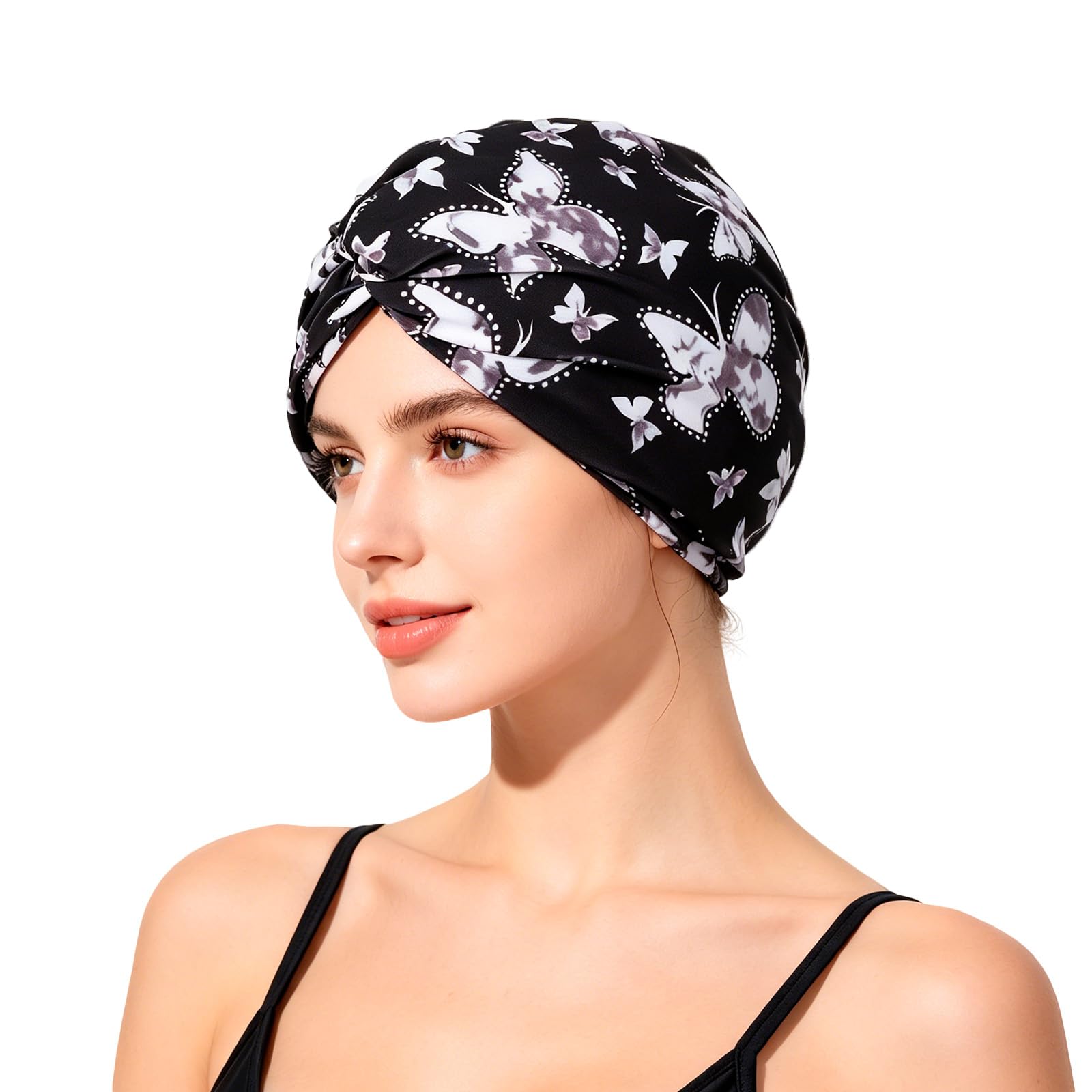 Women Swimming Cap Ear Protection Swim Cap Non-Waterproof Elastic Bathing Shower Hat Pleated Fabric Pool Beach Surfing Water Sports Hair Bonnet Beanie Chemo Sleep Head Wrap Turban for Long Short Hair