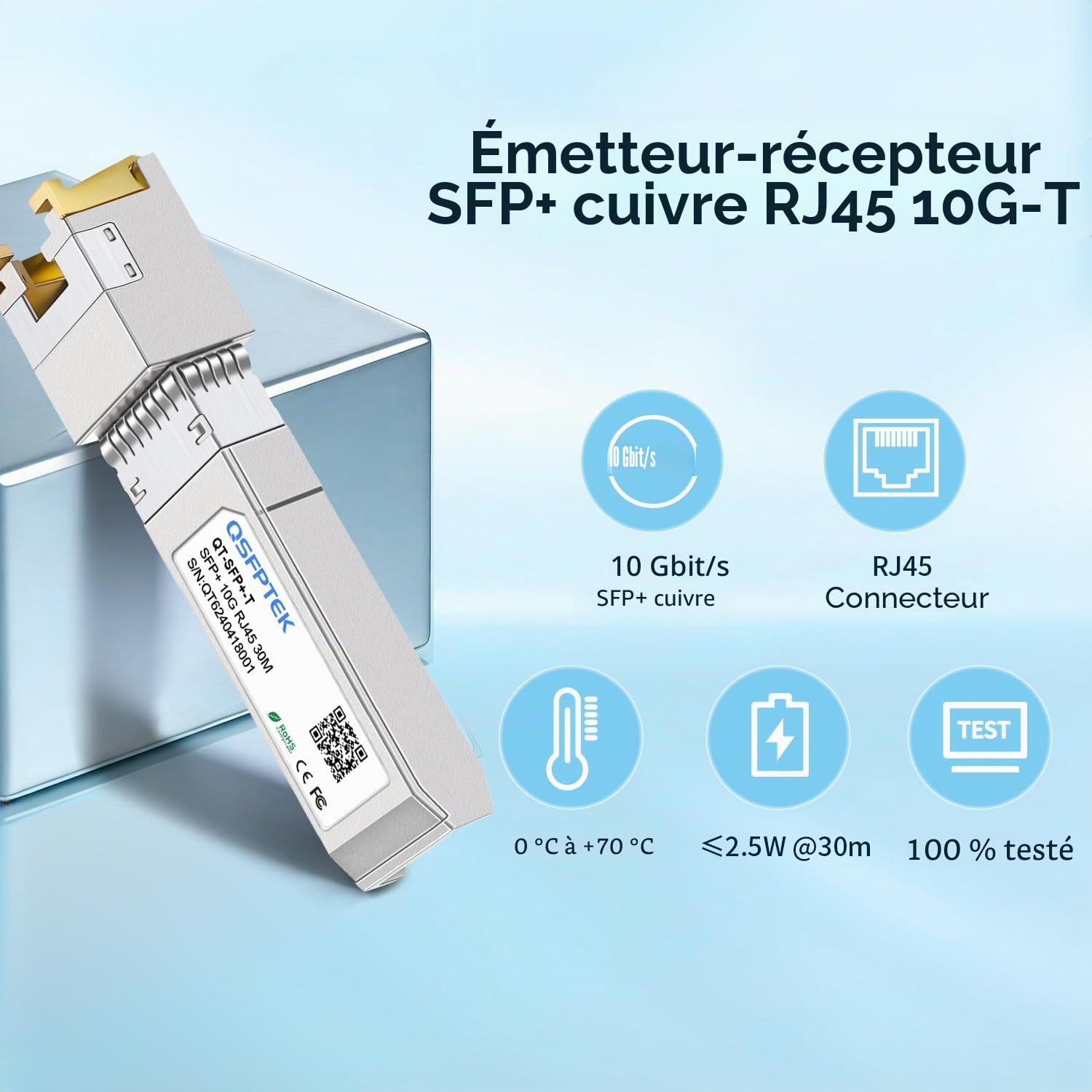 QSFPTEK (2Pack) 10GBase-T RJ45 SFP+ 30m Cuivre Module 10G SFP+ RJ45 Mini-GBIC SFP+ vers RJ45 pour Cisco SFP-10G-T-S, Ubiquiti UF-RJ45-10G, Netgear, Mikrotik, jusqu'à 30m