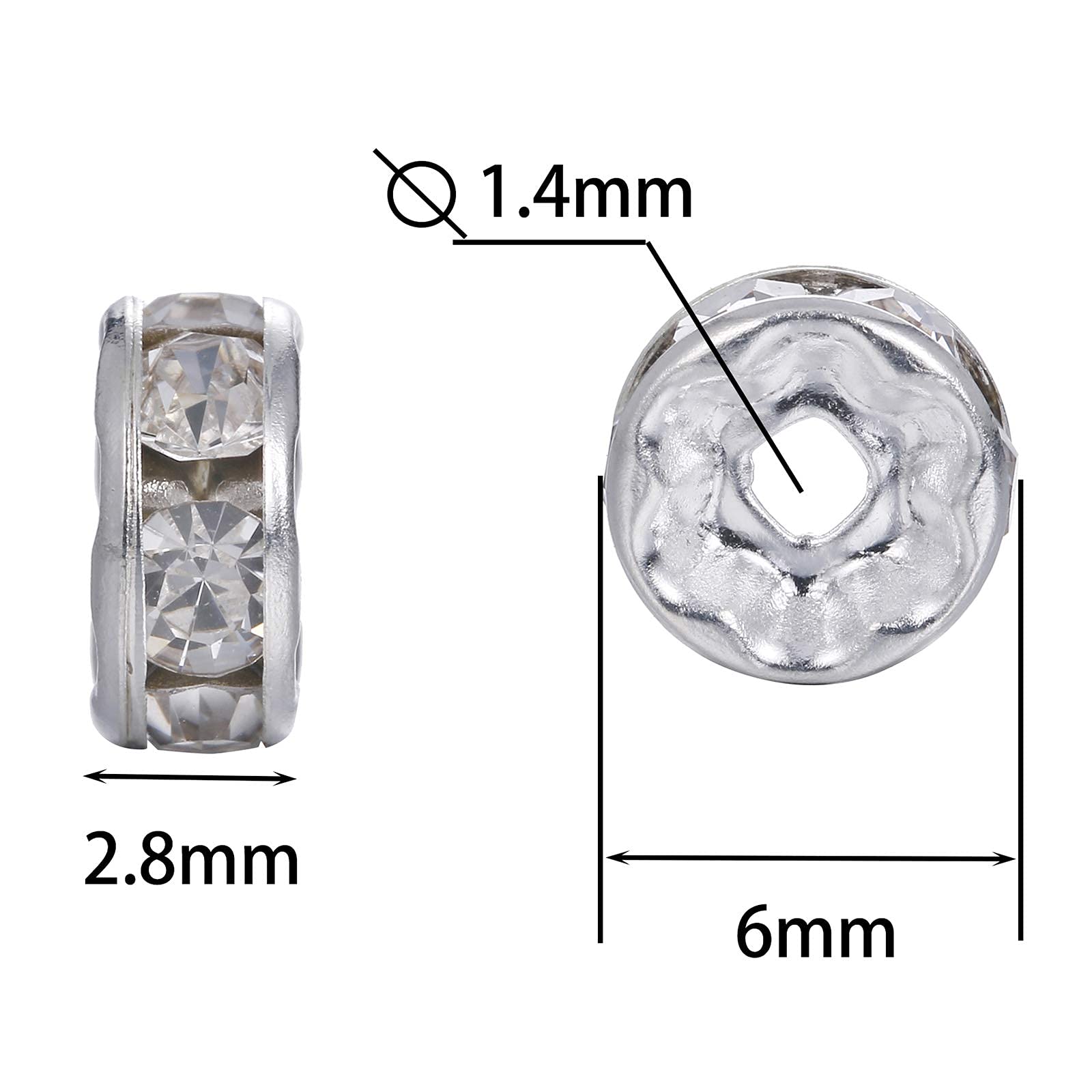 200Pcs 6mm Rondelle Spacer Beads - Silver Plated AB Crystal Rhinestone Beads For Jewelry Making