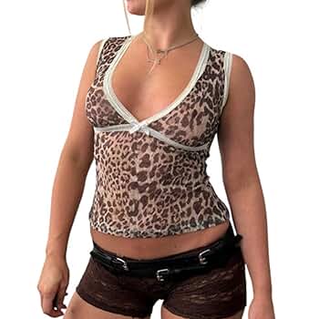 Amazon.com: Women Leopard Print Tank Top Bow Lace Trim Deep